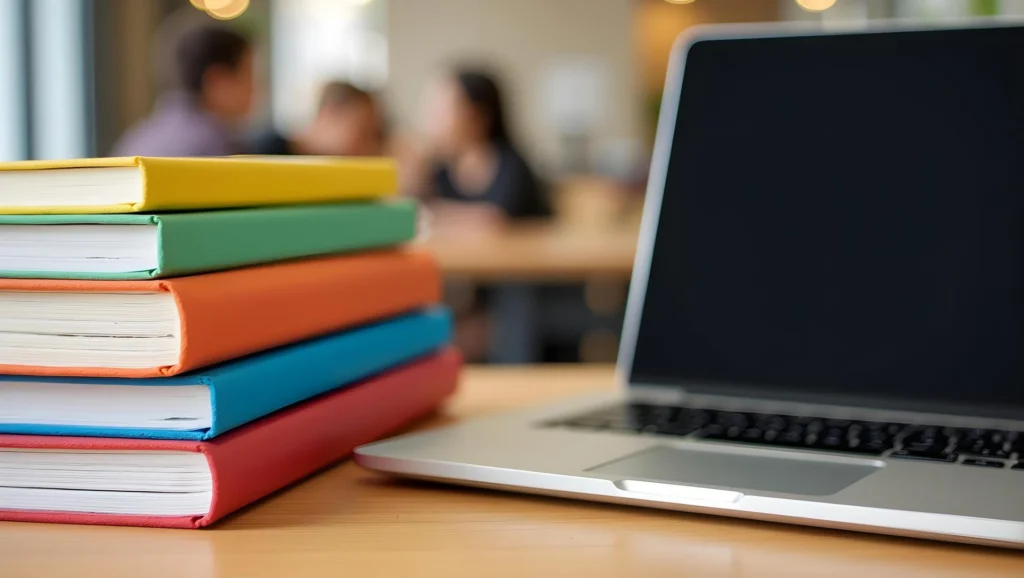 Books and Laptop on a Wooden Desk